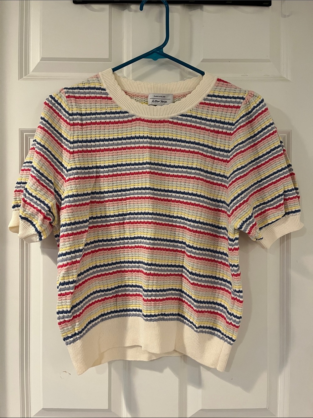 & Other Stories Cream Multicolor Striped Short Sleeve Knit Top